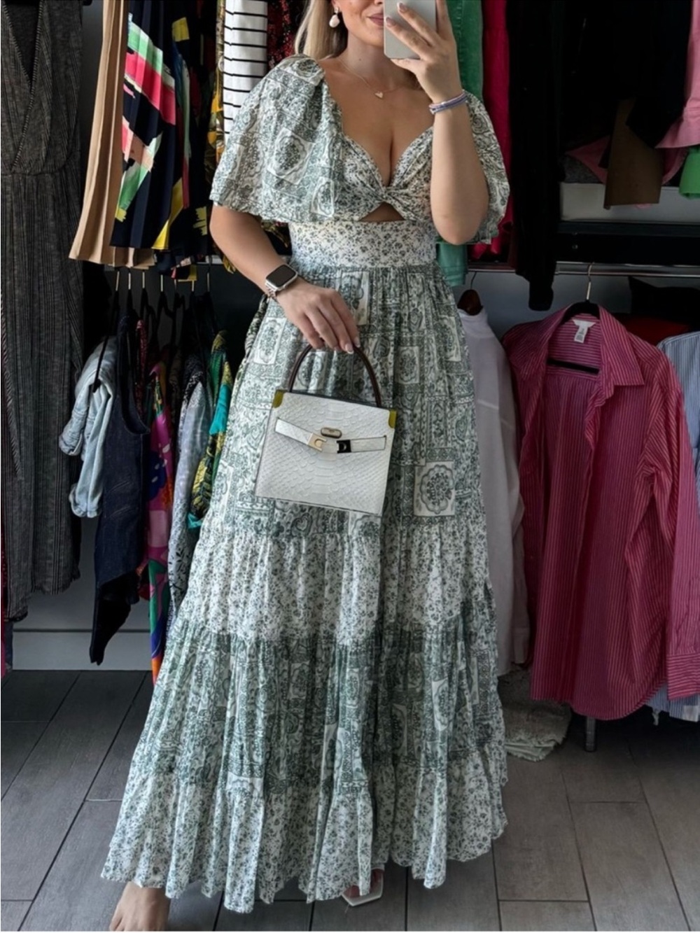 Abercrombie Twist Front Tiered Maxi Dress Floral Sage Green White NEW Medium